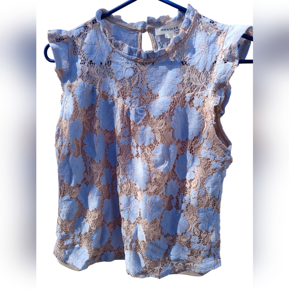 Monteau Blue and Tan Lace Women's Top